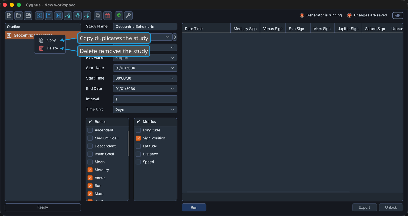 A study's right-click context menu open over the studies list.