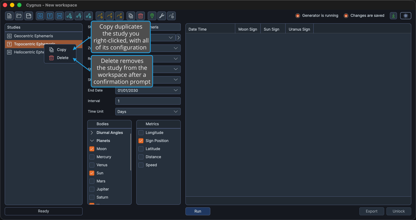 The Studies list context menu open on a study row, showing its Copy and Delete commands.