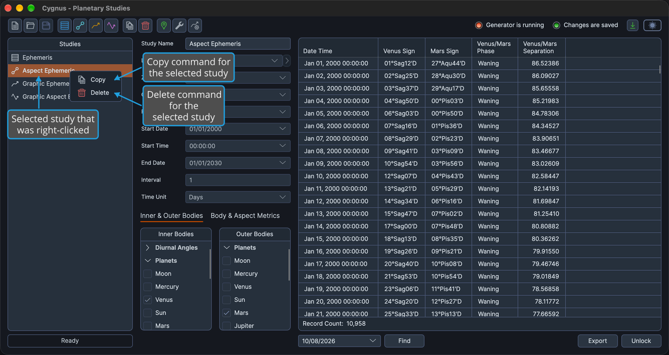 The Studies context menu is open beside the selected study in the Studies list, offering the Copy and Delete commands.
