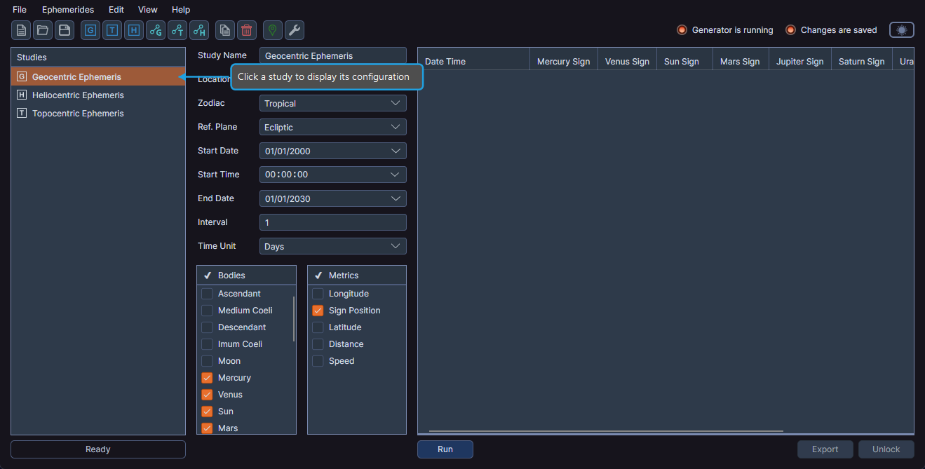 Studies list panel showing created studies