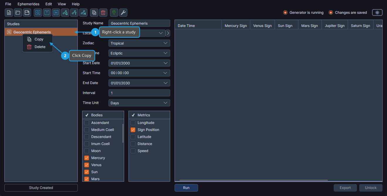 Studies list context menu showing the Copy Study option