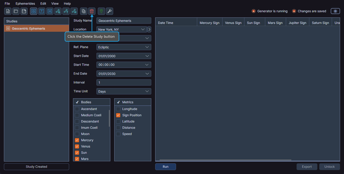 Toolbar showing the Delete Study button