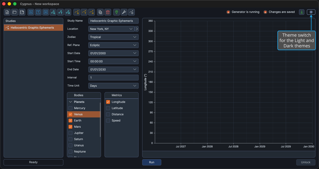 The sun and moon theme switch at the top right of the status area, with the interface drawn in the Dark theme.