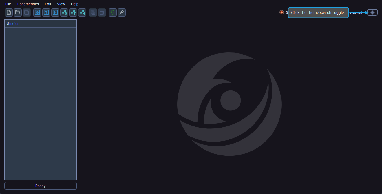 Toolbar showing the Theme toggle button to switch between light and dark mode