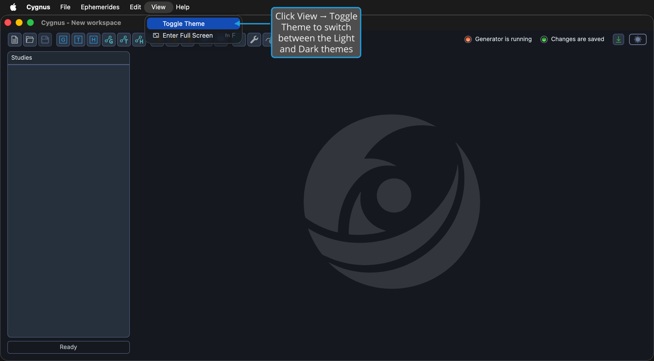 The View menu open over the Cygnus window with the Toggle Theme command highlighted.