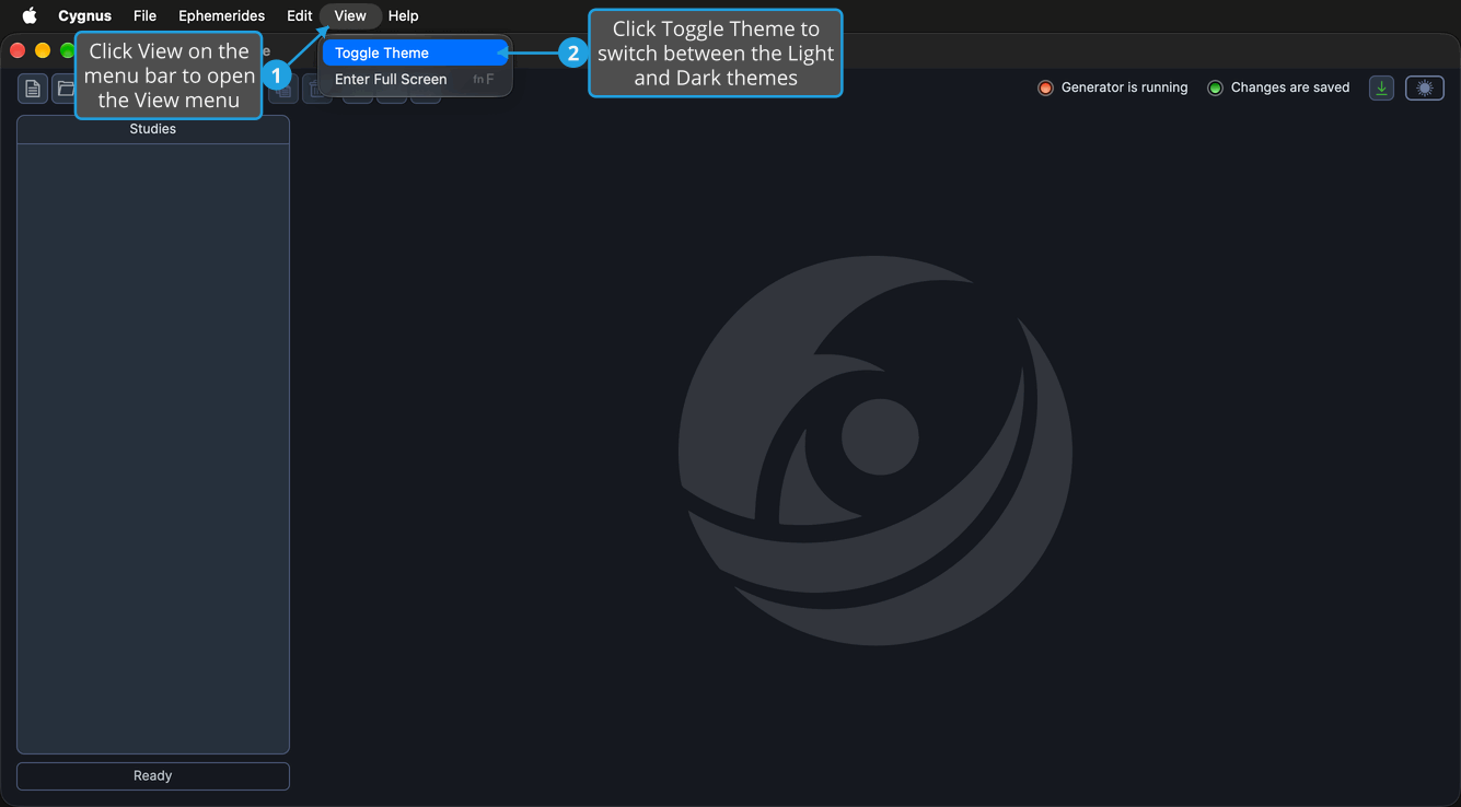 The View menu is open on the menu bar above the Cygnus main window in the Dark theme, with Toggle Theme highlighted and ready to switch to the Light theme.