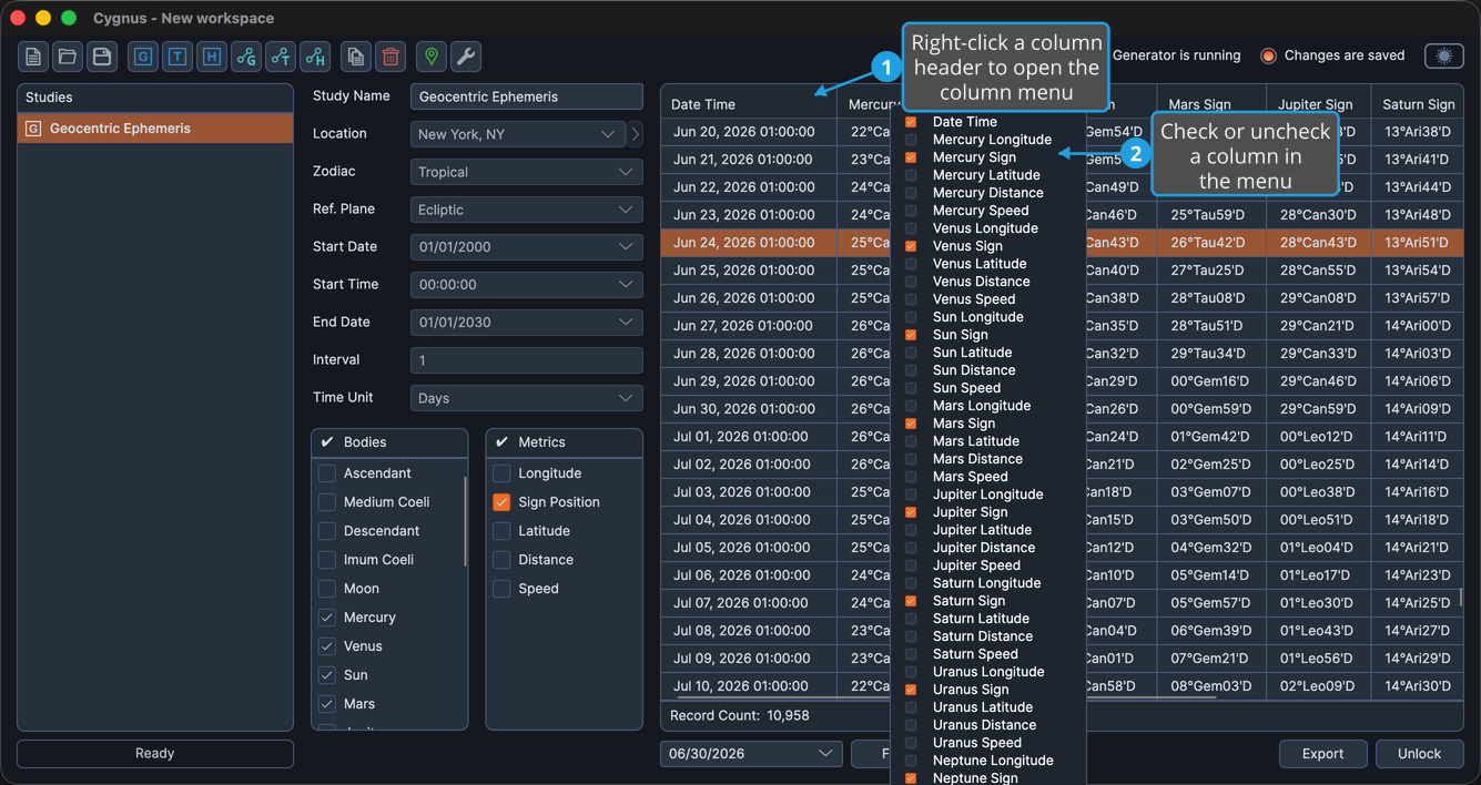 The ephemeris table of a generated study with a column header's right-click menu open listing the columns.