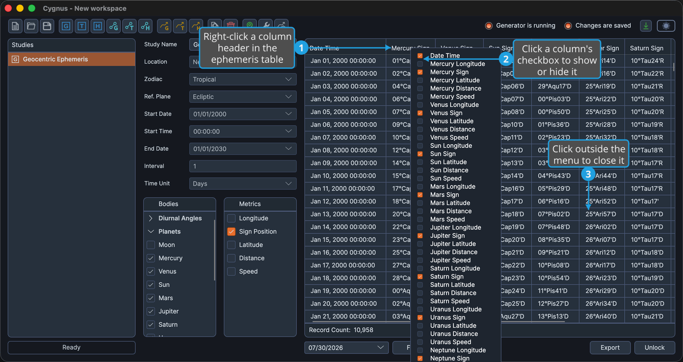 The column-visibility menu open from a column header, with Date Time first and a checkbox beside every column name.