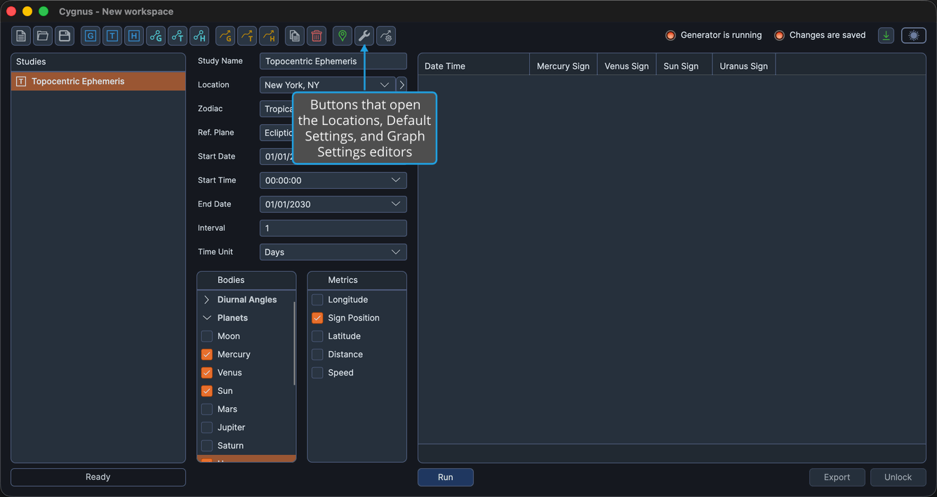 The three editor buttons at the right end of the toolbar, for Locations, Default Settings, and Graph Settings.