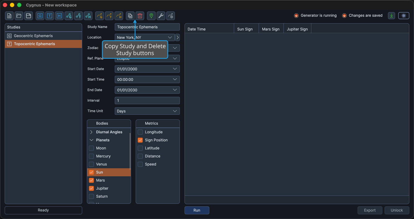 The Copy Study and Delete Study buttons in the toolbar, with a study selected in the Studies list.