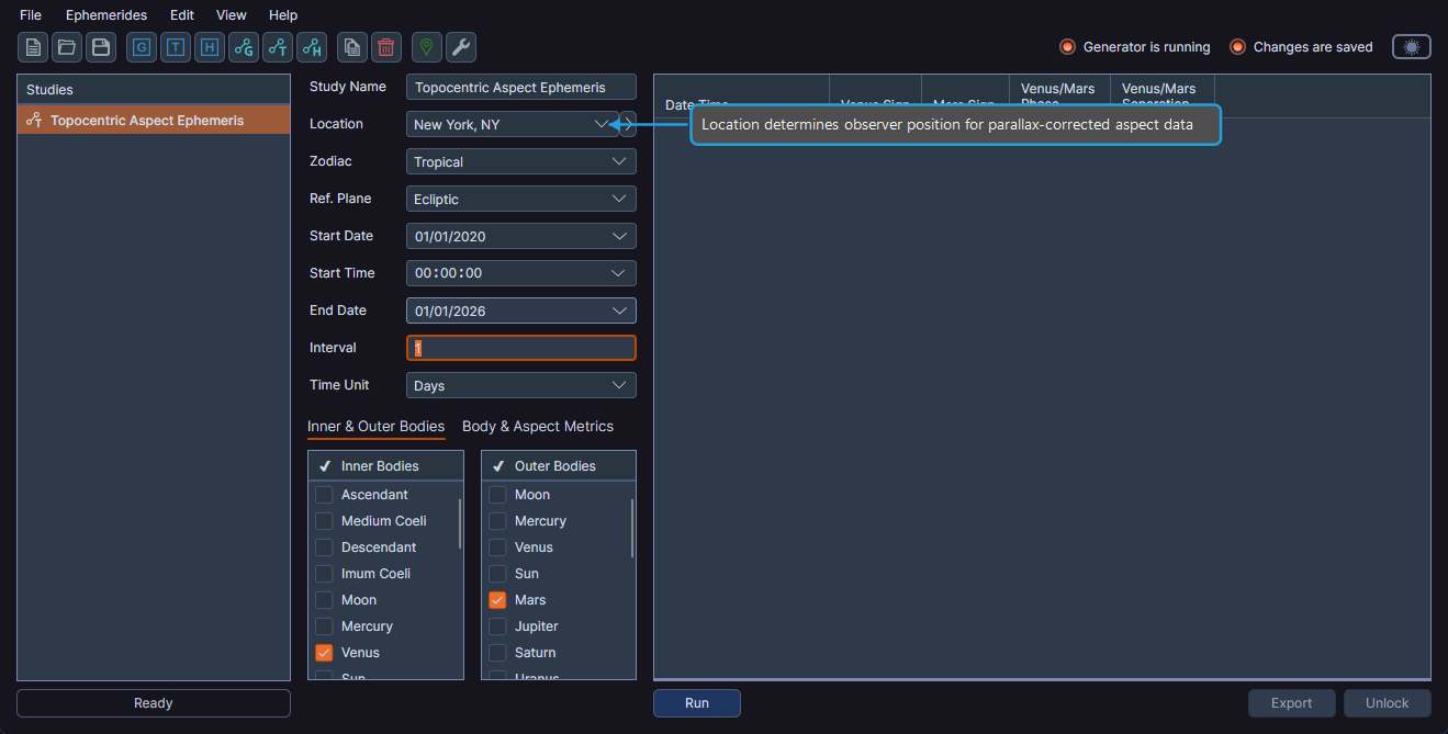 Topocentric Aspect Ephemeris configuration panel highlighting the coordinate origin set to Topocentric