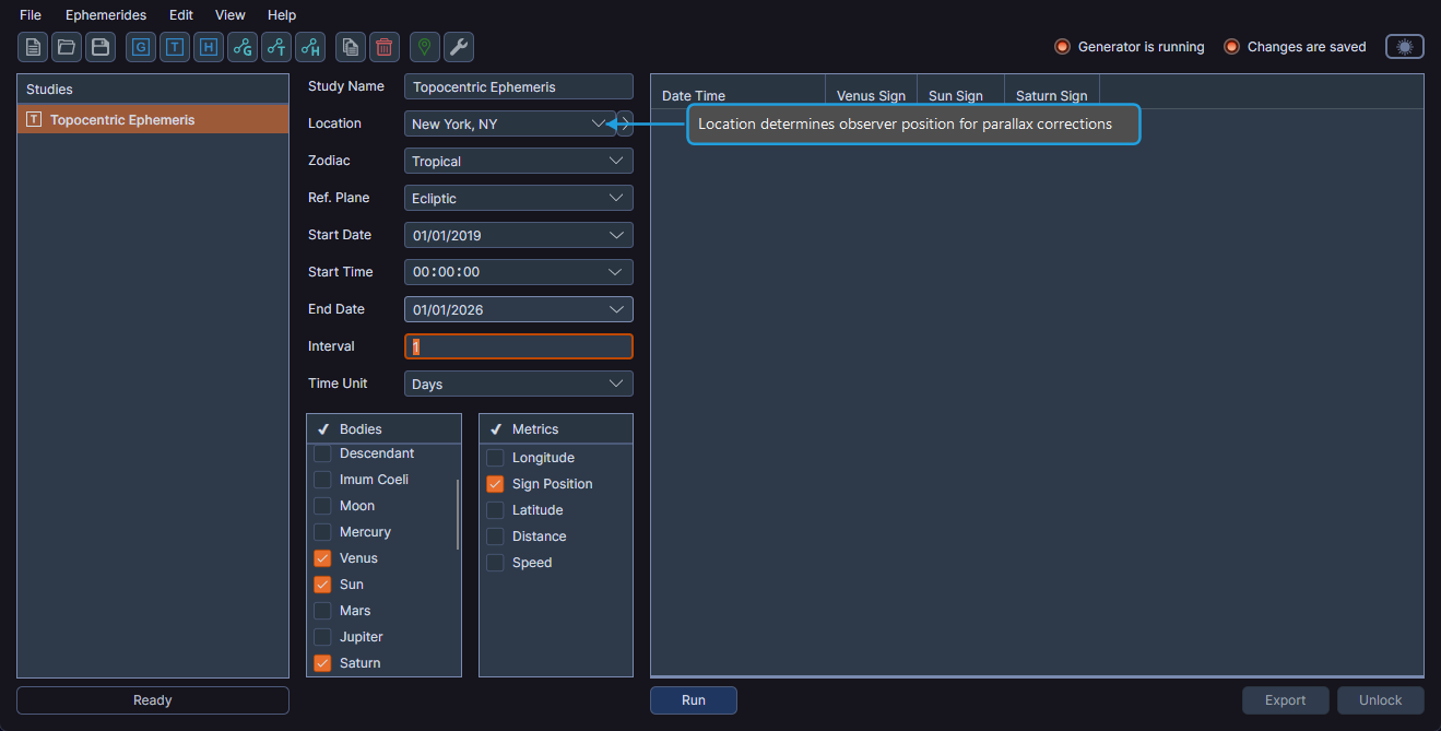 Topocentric Ephemeris configuration panel highlighting the coordinate origin set to Topocentric