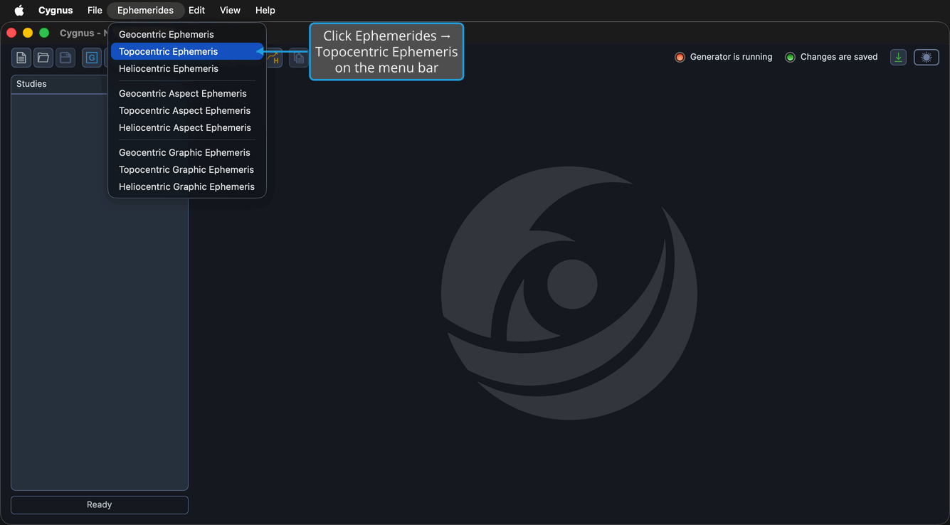 The Ephemerides menu with Topocentric Ephemeris highlighted between the Geocentric and Heliocentric Ephemeris entries.