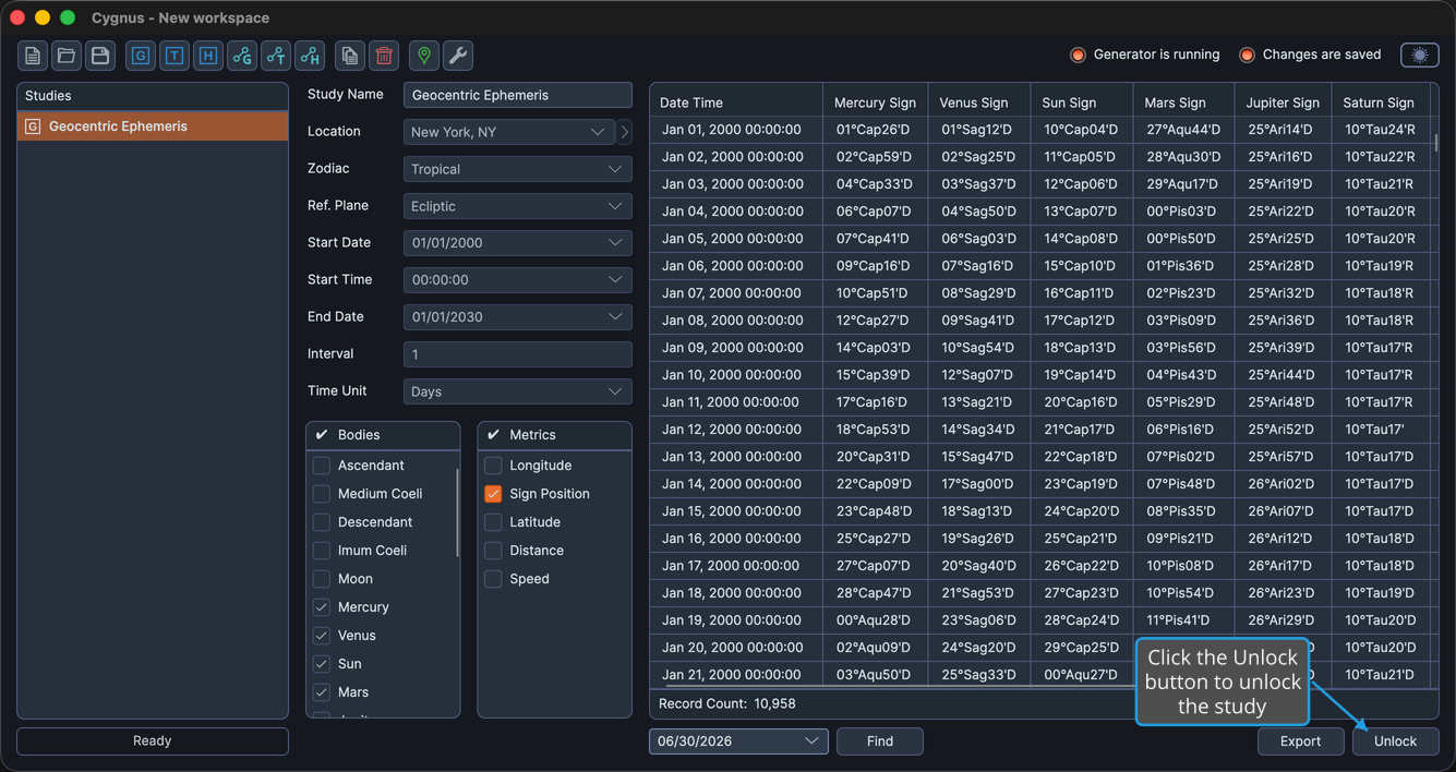 A locked study after generation, with the Unlock button shown below the ephemeris table.