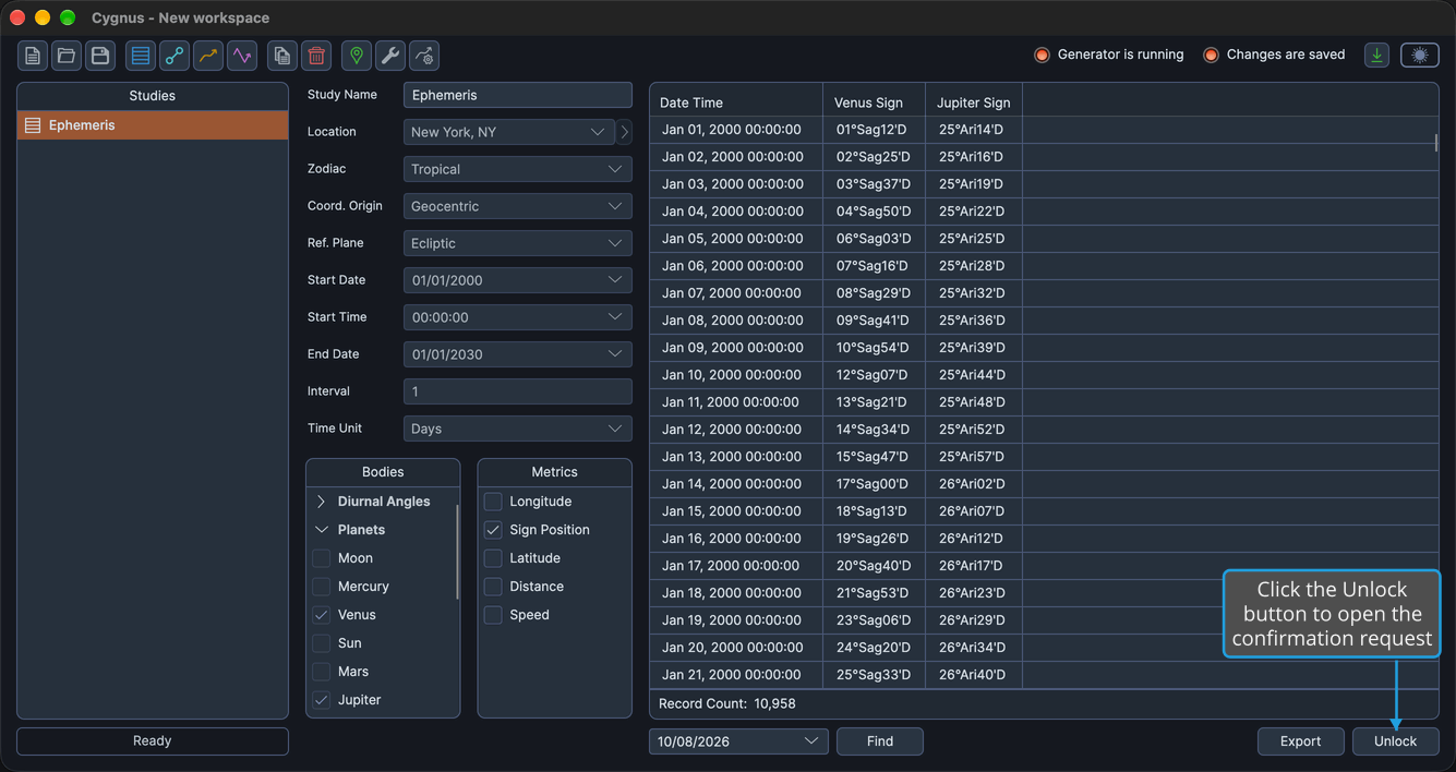 A generated Ephemeris study with its settings locked and the Unlock button at the right of the button bar below the ephemeris table.