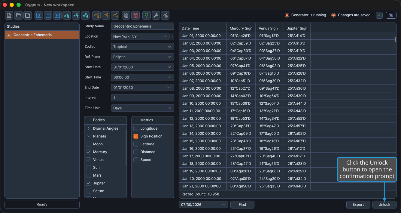 The Unlock button at the bottom right of a locked study editor, below an ephemeris table full of records.