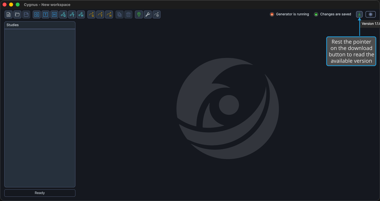 The tooltip naming the available version, shown just below the download button at the top right of the main window.