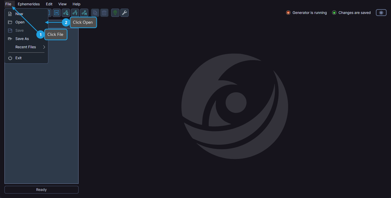 File menu with Open option to open an existing workspace