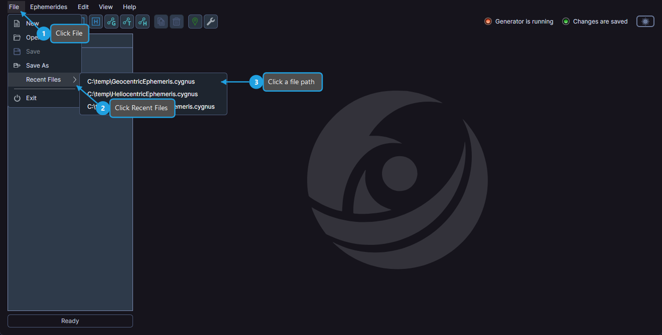 File menu with Recent Files submenu showing recently opened workspaces