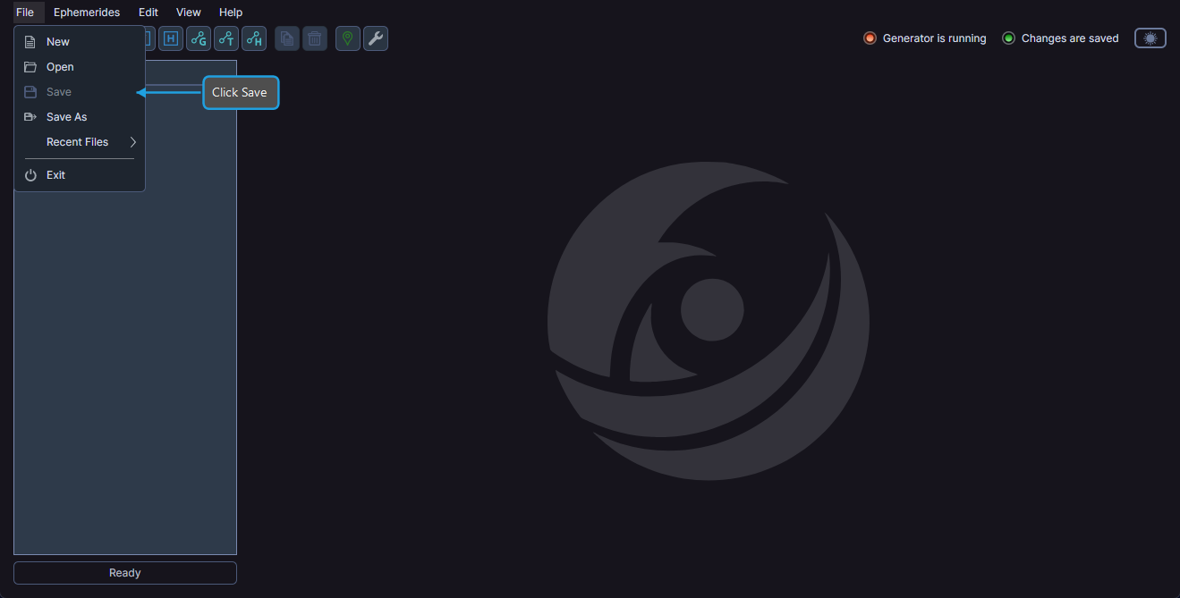 File menu with Save option to save the current workspace