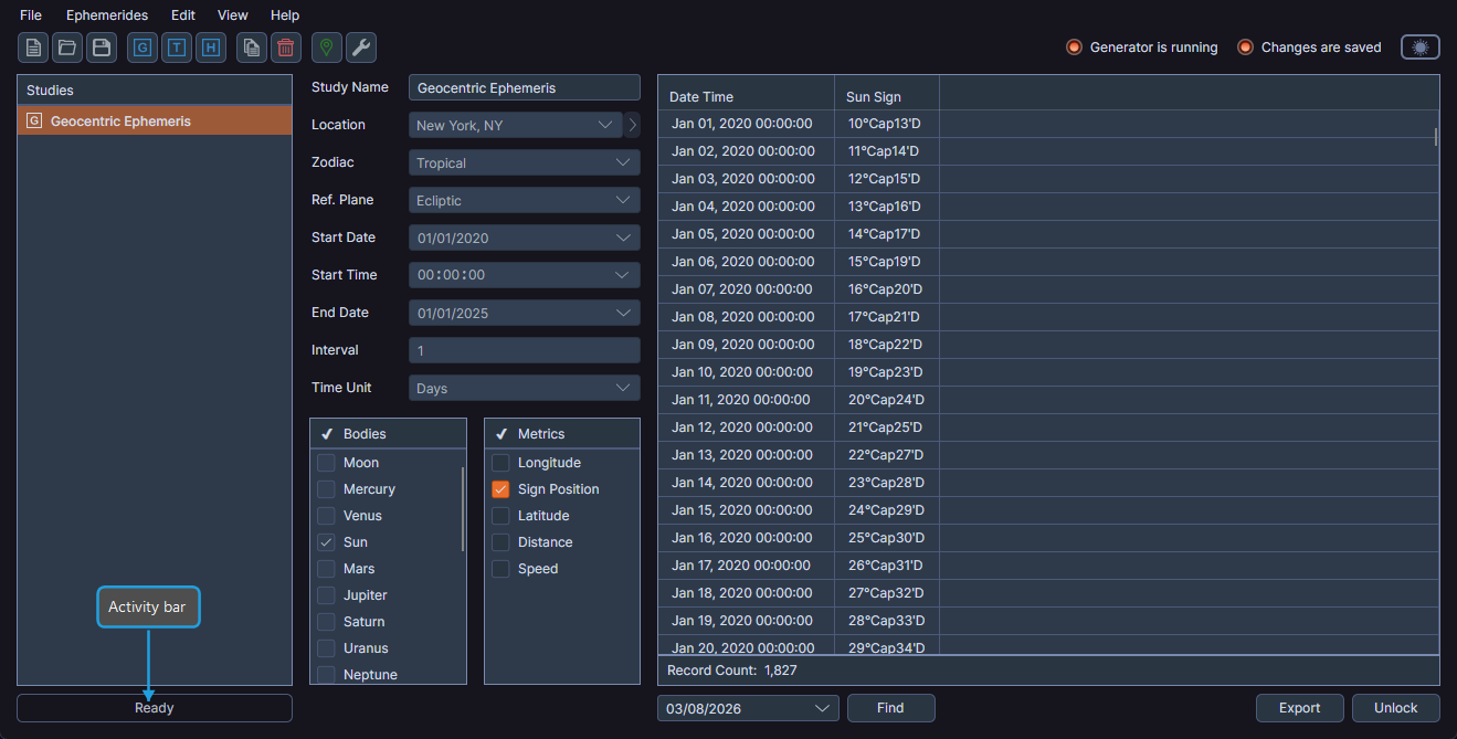 Bottom of the studies list panel showing the activity bar with a status message