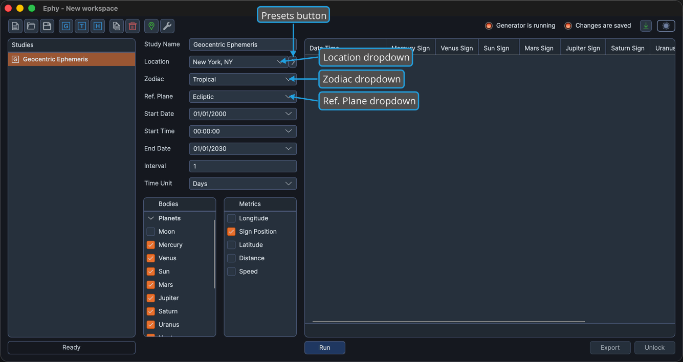 The Basic Ephemeris Settings panel of a study.