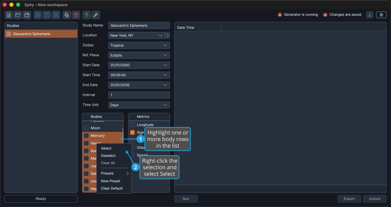 The Bodies Selection List with several body rows highlighted and the right-click context menu open showing Select, Deselect, and Clear All.
