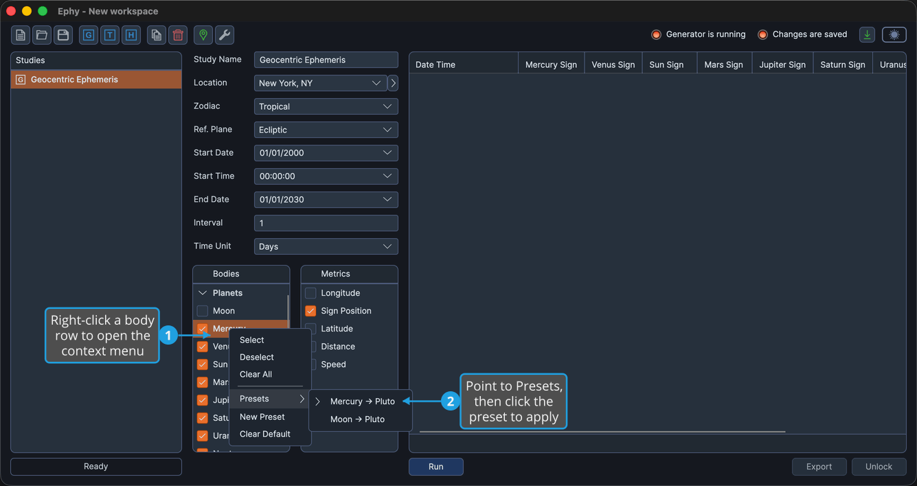 The Bodies Selection List with a body row right-clicked, the context menu open, and the Presets submenu expanded showing saved preset names.