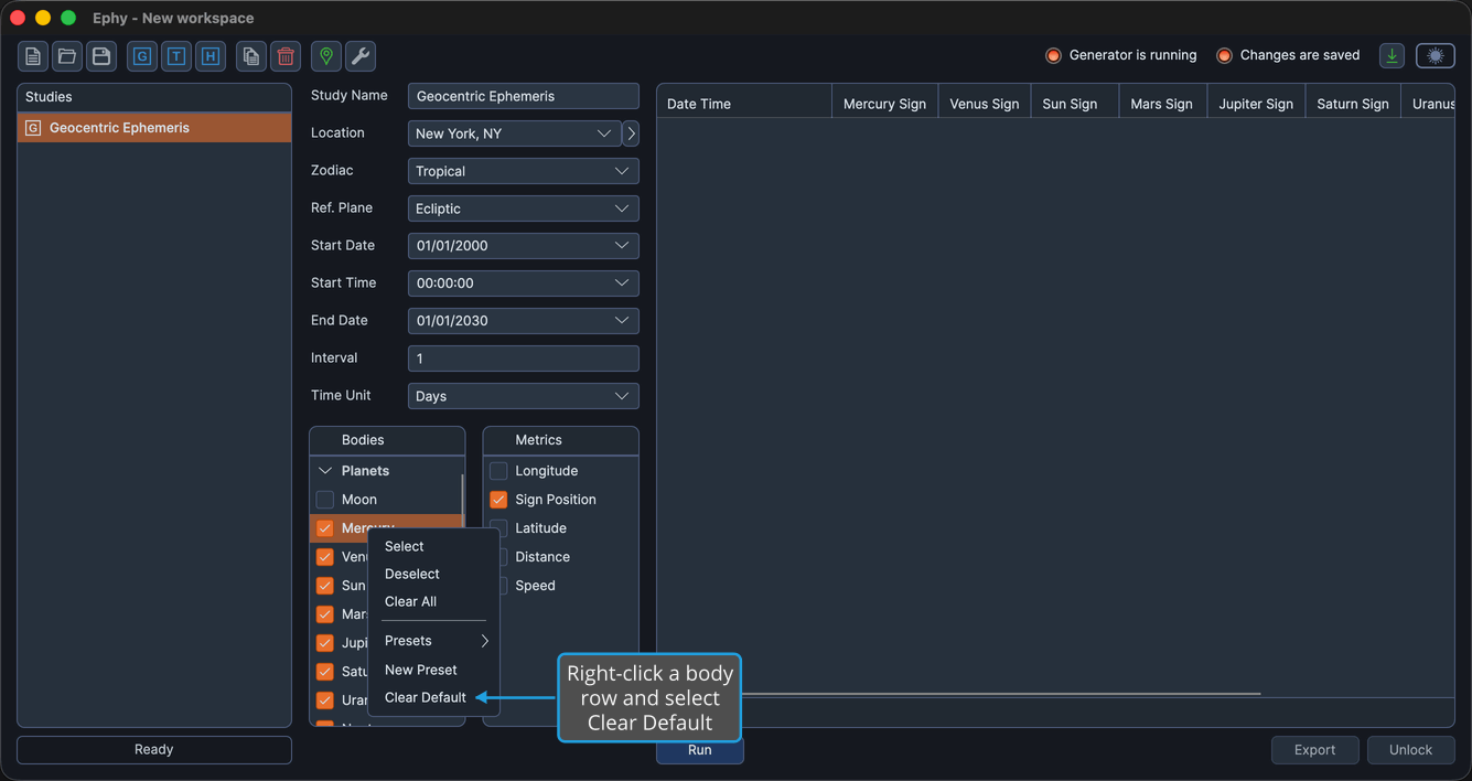 The Bodies Selection List with a body row right-clicked and the context menu open showing the Clear Default command.