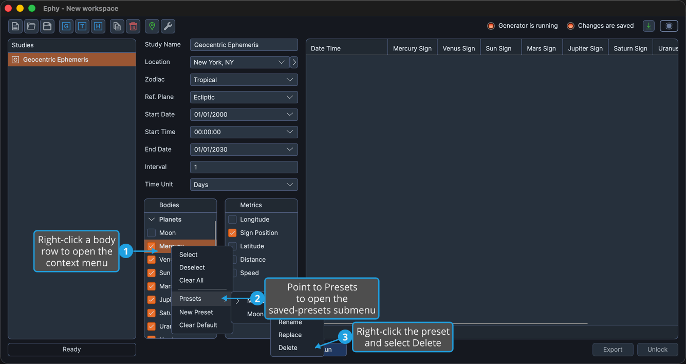 The Bodies Selection List with a body row right-clicked, the Presets submenu expanded, and a preset right-clicked to show its context menu.