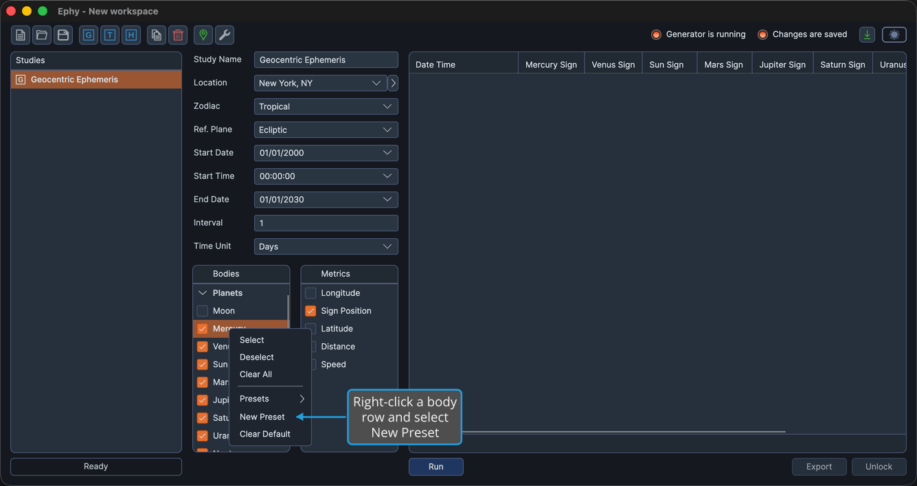 The Bodies Selection List with a body row right-clicked and the context menu open showing the New Preset command.