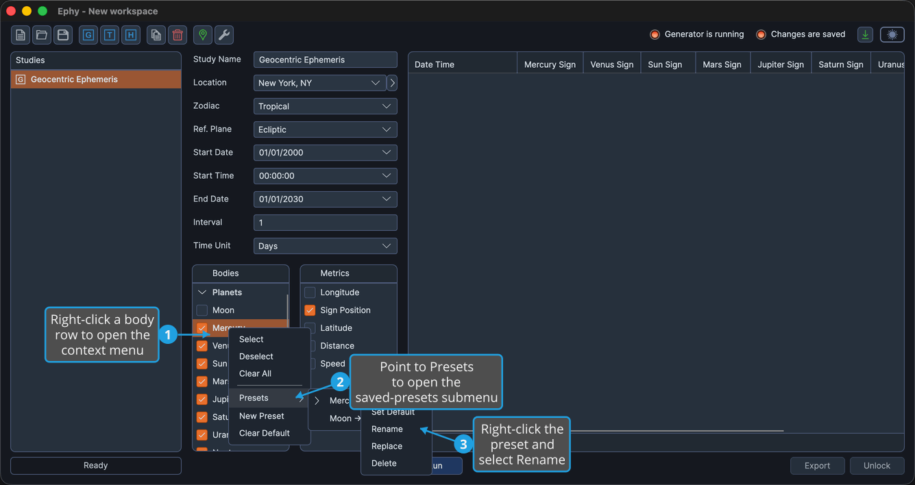 The Bodies Selection List with a body row right-clicked, the Presets submenu expanded, and a preset right-clicked to show its context menu.
