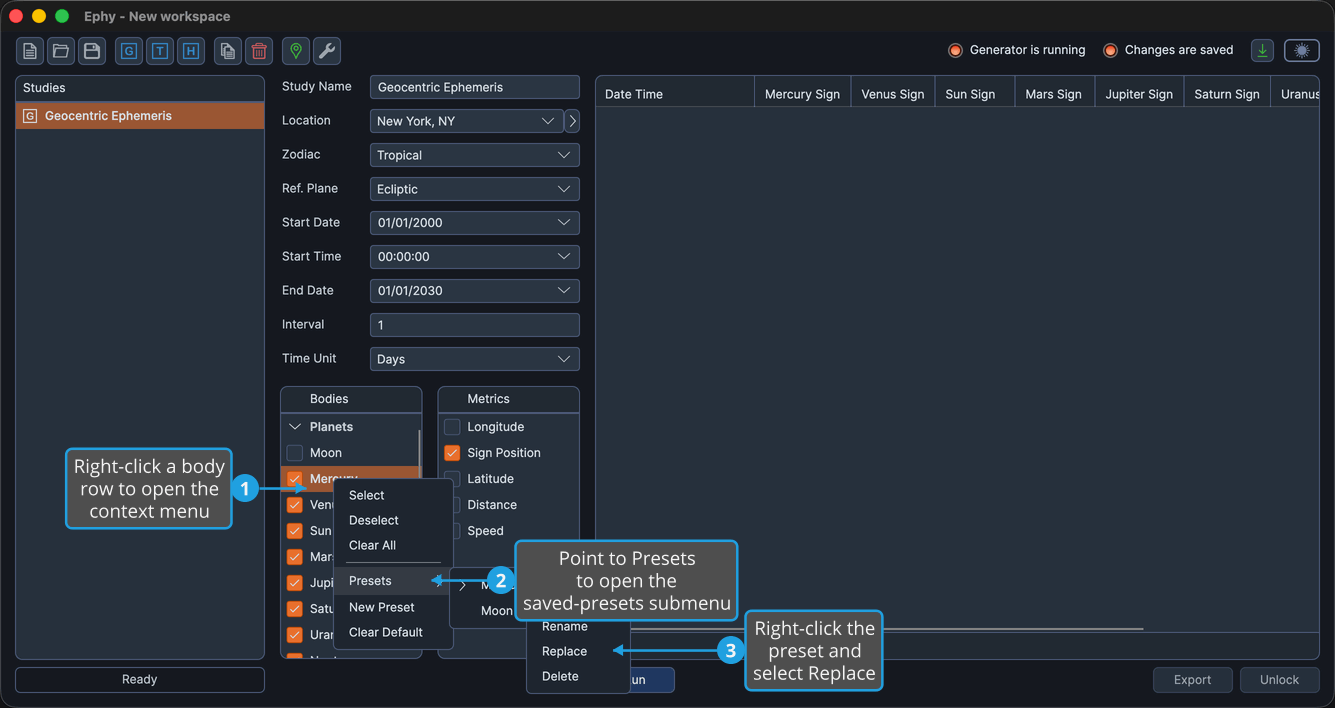 The Bodies Selection List with a body row right-clicked, the Presets submenu expanded, and a preset right-clicked to show its context menu.