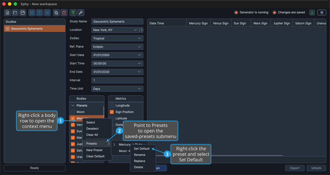The Bodies Selection List with a body row right-clicked, the Presets submenu expanded, and a preset right-clicked to show its context menu.