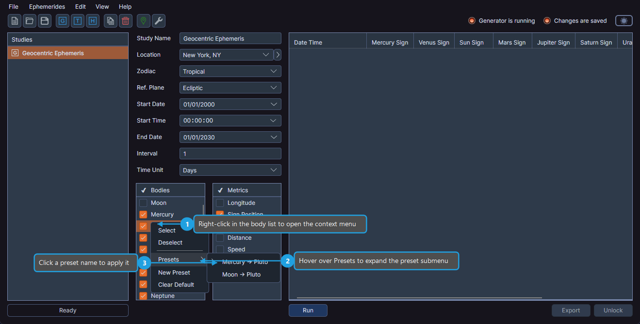 Bodies list with right-click context menu showing the Presets submenu with preset names