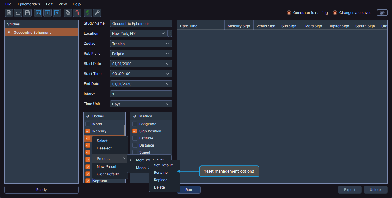 Bodies list context menu showing preset management options