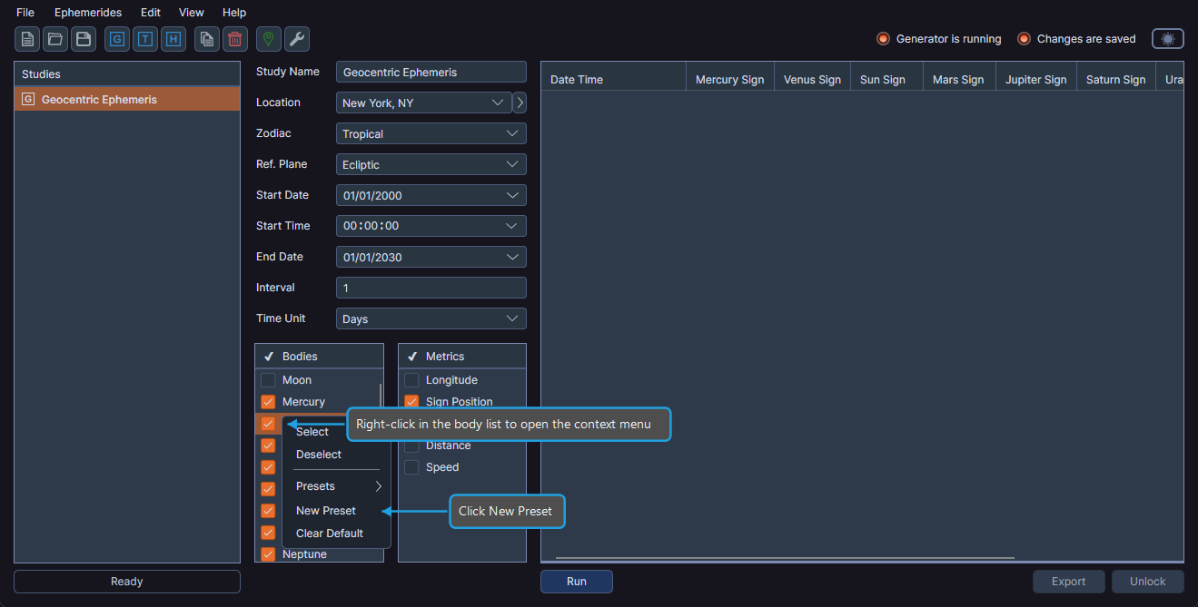 Bodies list with right-click context menu showing the New Preset option