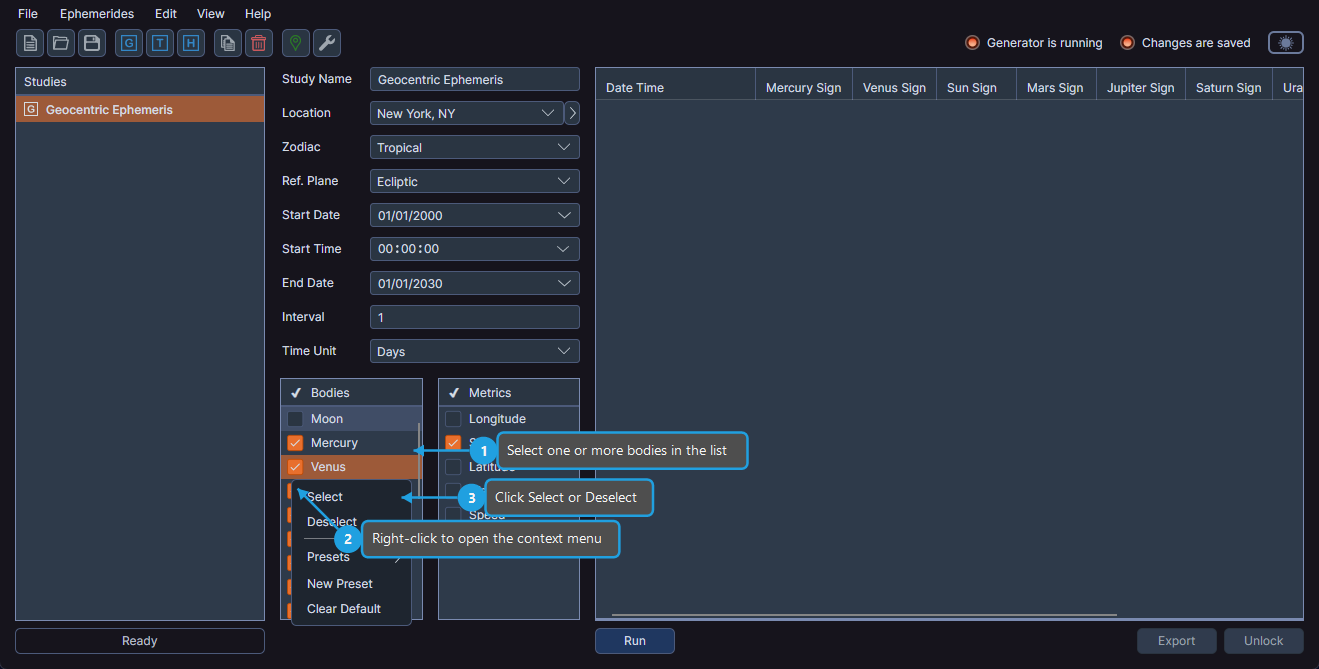 Bodies list with right-click context menu showing Select and Deselect options