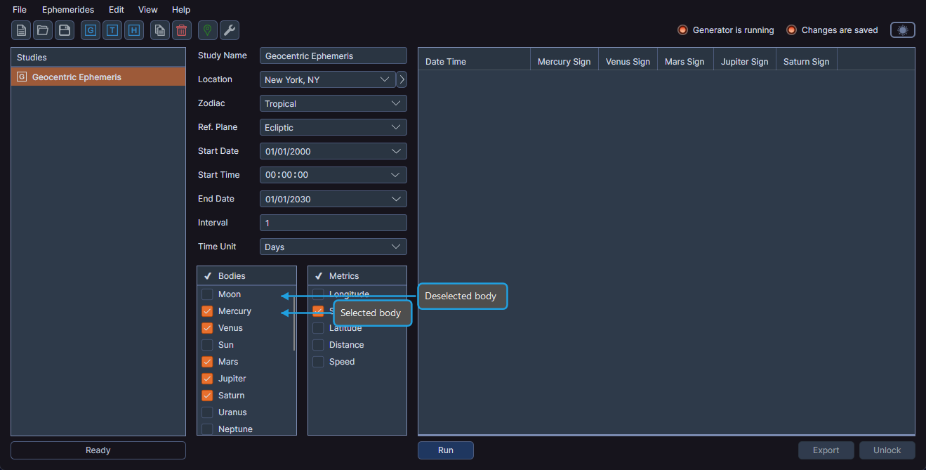 Bodies list showing checkboxes next to body names with selected and deselected bodies