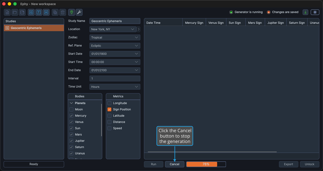 A study with a generation in progress, showing the progress indicator and the Cancel button in place of the usual controls.