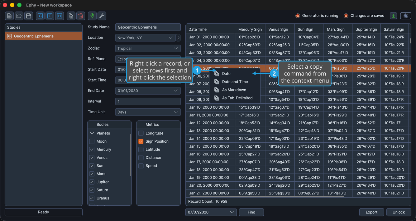 The ephemeris table with a record row right-clicked and the copy context menu open showing Date, Date and Time, As Markdown, and As Tab-Delimited.