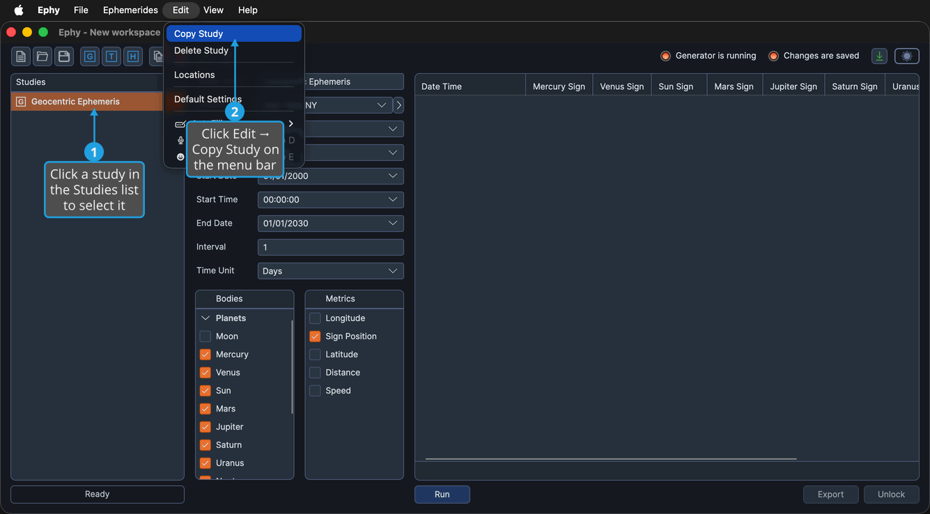 The main window with a study selected in the Studies list and the Edit menu open.