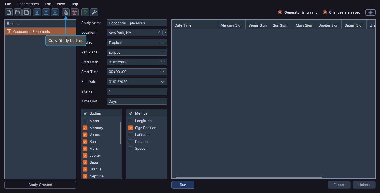 Toolbar with the Copy Study button highlighted