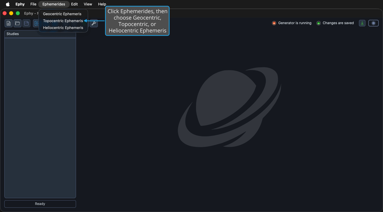 The Ephemerides menu open on the menu bar showing the three study commands.