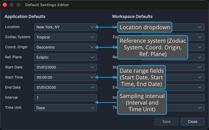 The Application Defaults column of the Default Settings Editor.