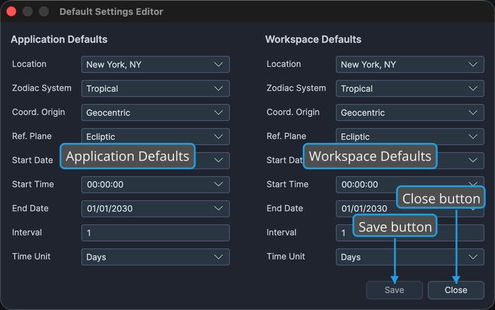The Default Settings Editor window, including its title bar, showing its two columns.