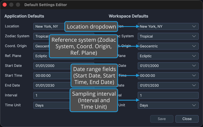 The Workspace Defaults column of the Default Settings Editor.
