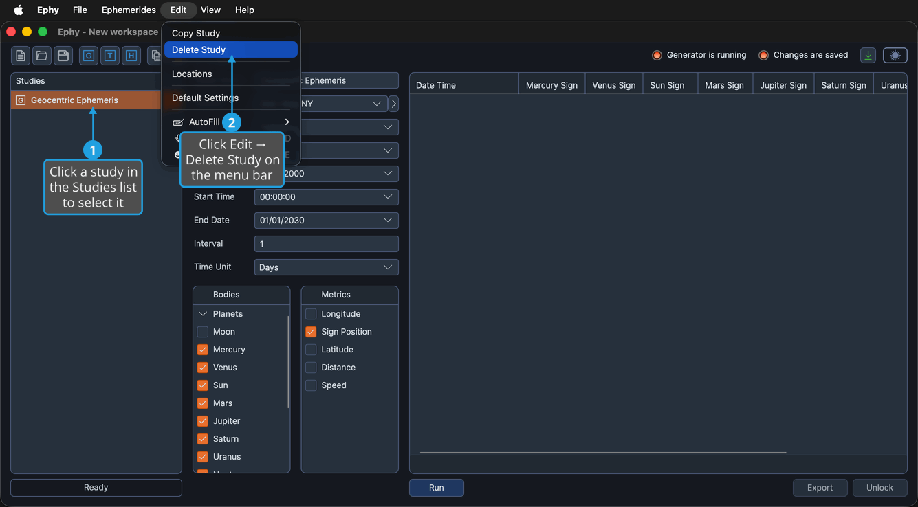 The main window with a study selected in the Studies list and the Edit menu open.