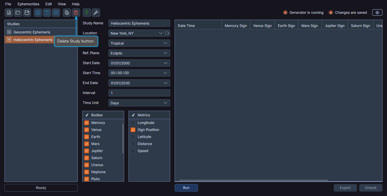 Toolbar with the Delete Study button highlighted