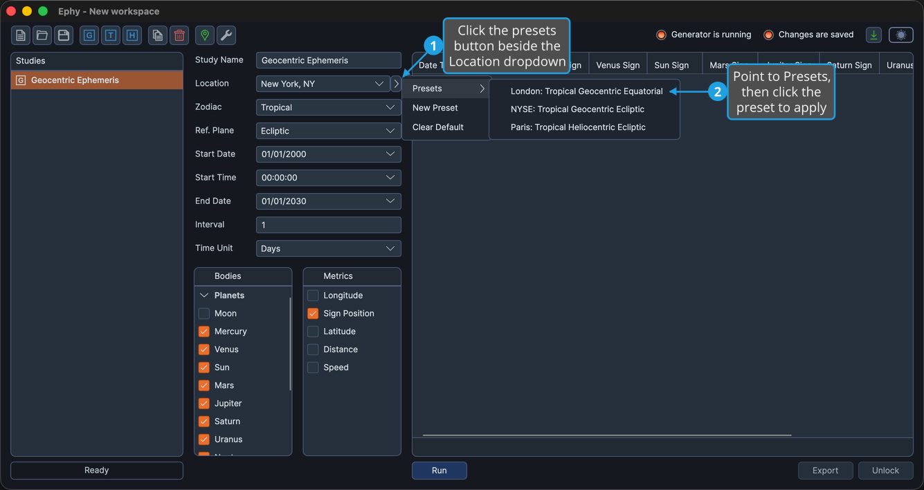 The presets flyout open beside the Location dropdown with the Presets submenu expanded showing saved preset names.